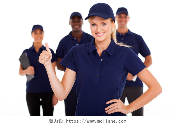技术服务女人竖起大拇指技术服务女人拇指向上与背景中的团队